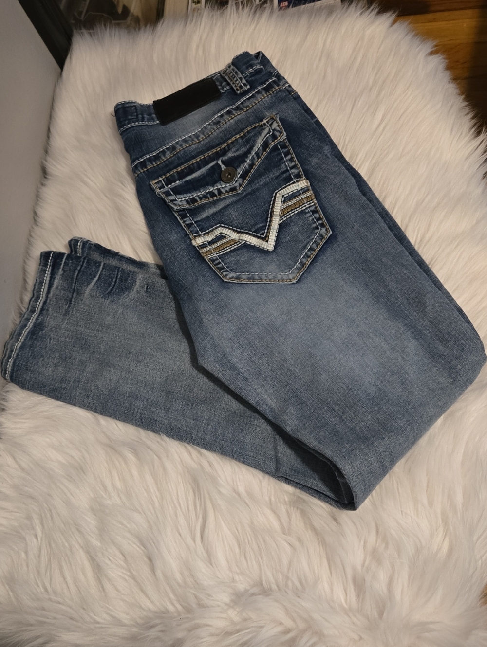 Men’s Skinny Denim Jeans in Medium Blue with Decorative Back Pocket